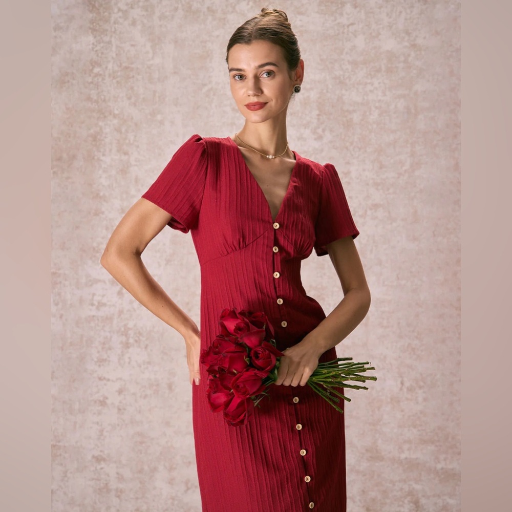 NWT RIHOAS The Red V Neck Shirred Puff Sleeve Midi Dress Sz M - Picture 8 of 10